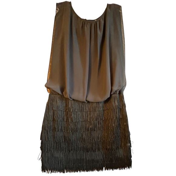 Aidan By Aidan Mattox Black Chiffon & Fringe Sexy Mini Dress Sz 6 Mob Wife Goth - Picture 10 of 16